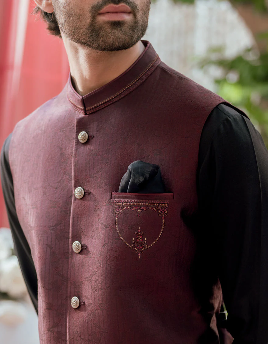 MAROON JAMAWAR WAISTCOAT | JJVC-A-48165/S24/JJ9384-FL - Image 3