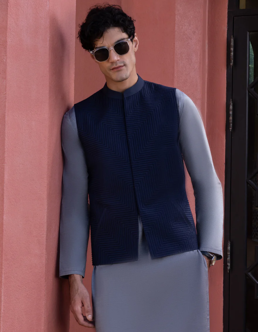 NAVY BLUE BLENDED WAISTCOAT | JJVC-US-27456/S22/JJ7377-FL - Image 3