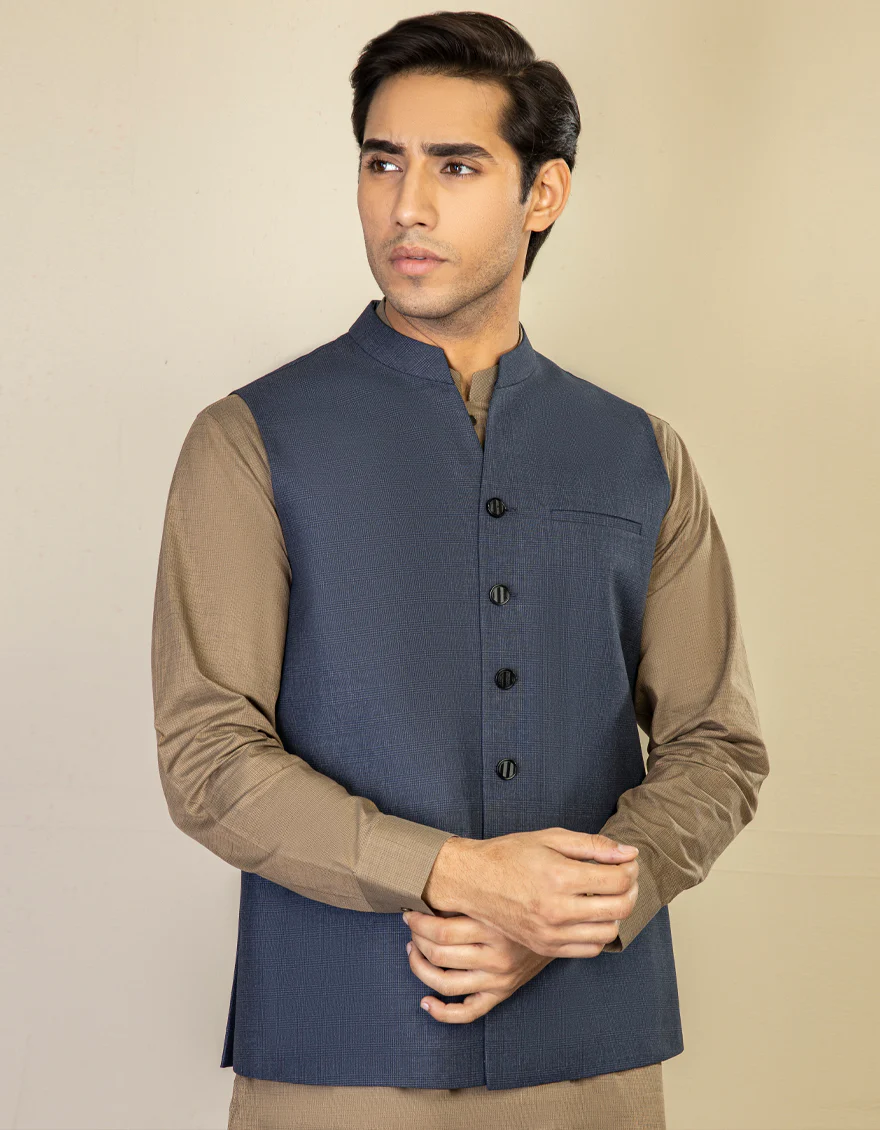 HATCHED BLUE BLENDED WAISTCOAT | JJVC-US-27466/S22/JJ7429-PN - Image 2