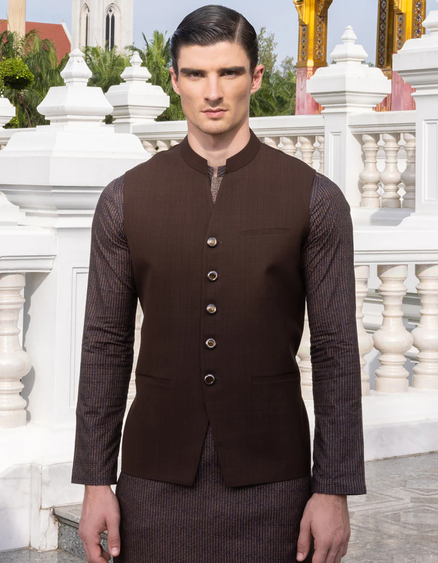 CHOCOLATE BROWN SUITING WAISTCOAT | JJVC-US-36994/S23/JJ8740-PN - Image 3
