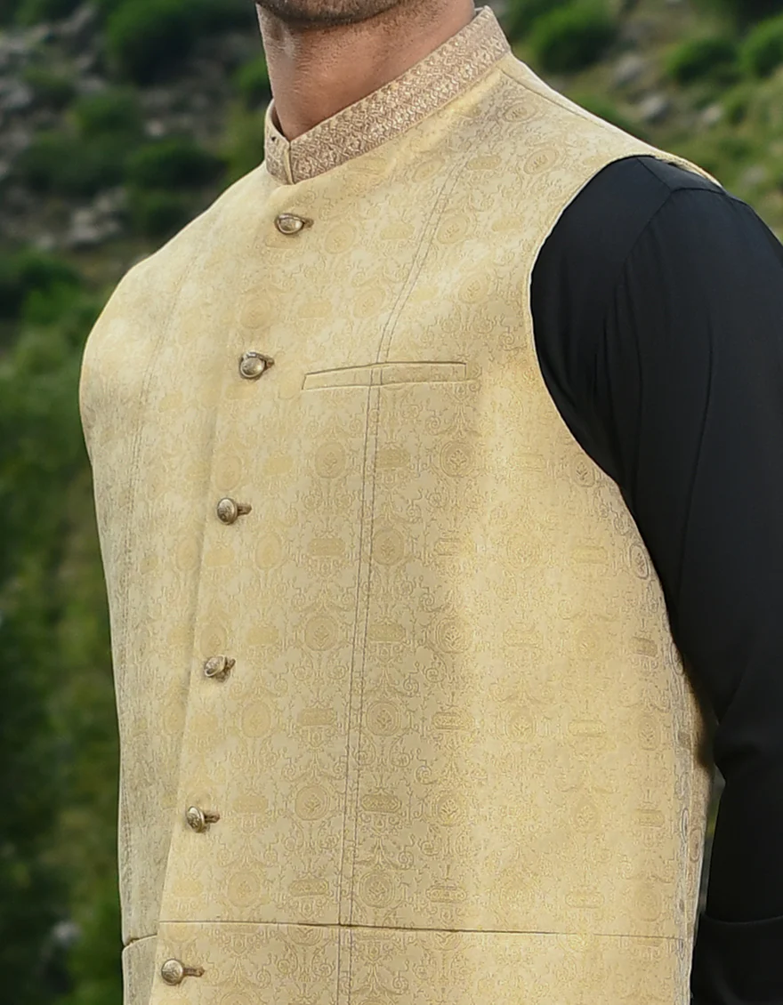 GOLD JAMAWAR WAISTCOAT | JJVC-US-44118/S22/JJ7063-FL - Image 3