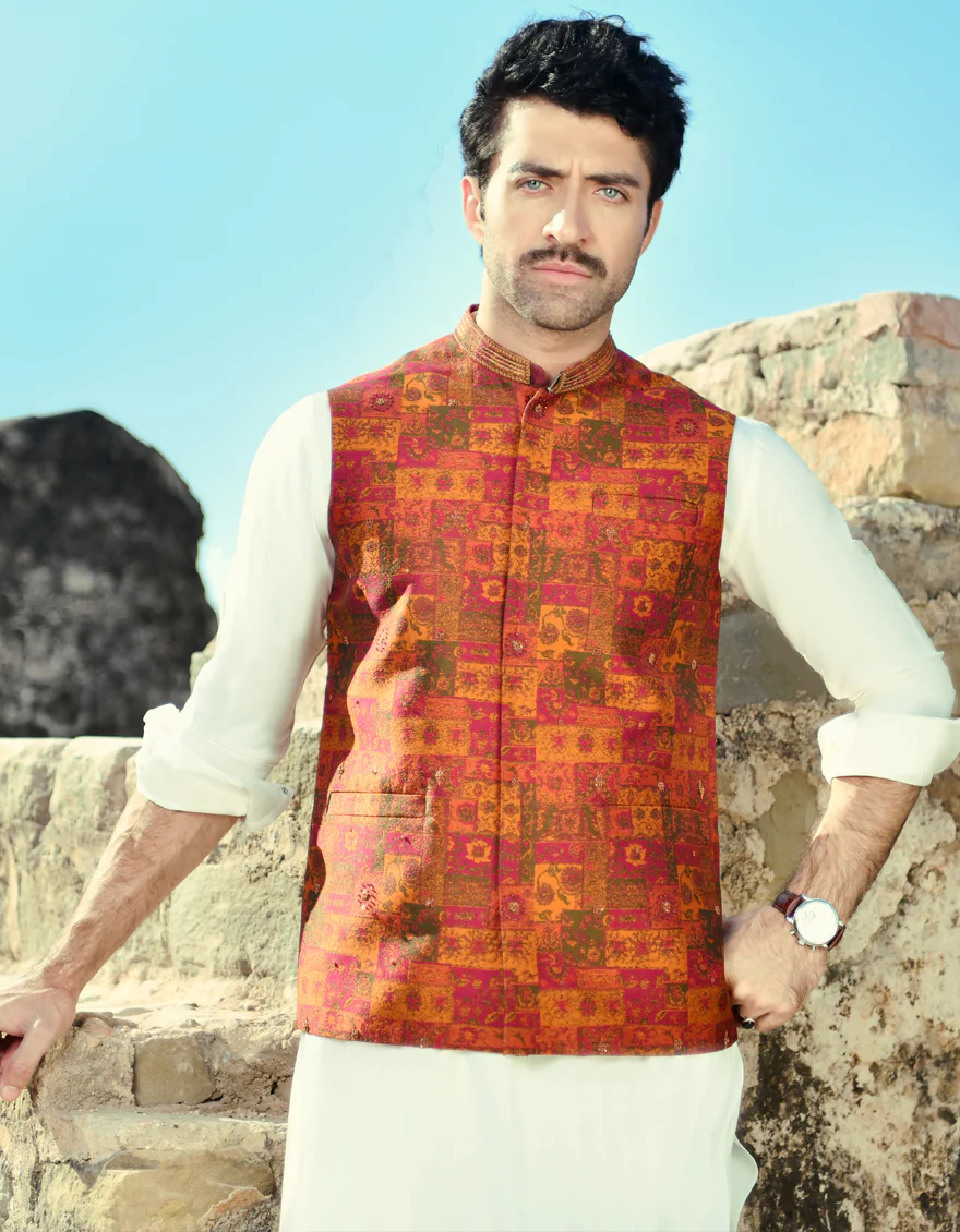 ORANGE MAROON WAISTCOAT | JJVC-US-44202/A23/JJ8488-FL - Image 2