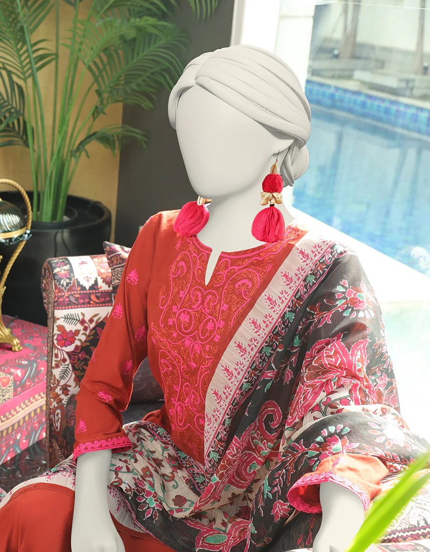 RUST TEXTURED 3PC STITCHED | JLAWN-S-24-010/S KASHMIRI ETHNIC-04 - Image 2