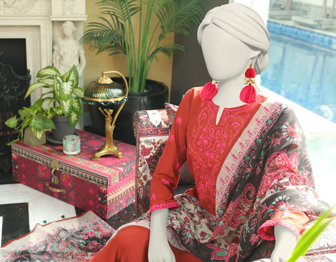 RUST TEXTURED 3PC STITCHED | JLAWN-S-24-010/S KASHMIRI ETHNIC-04 - Image 3