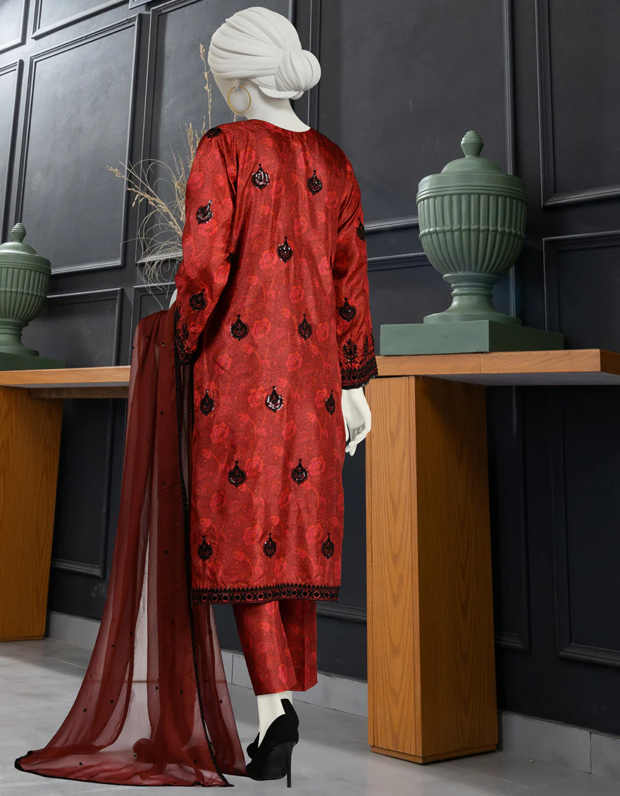 RED IMPURE SILK 3PC STITCHED | JLAWN-S-24-084/S DHA - Image 2