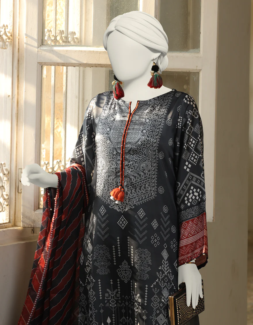 BLACK IMPURE SILK 3PC STITCHED | JLAWN-S-24-392/S LEH - Image 2