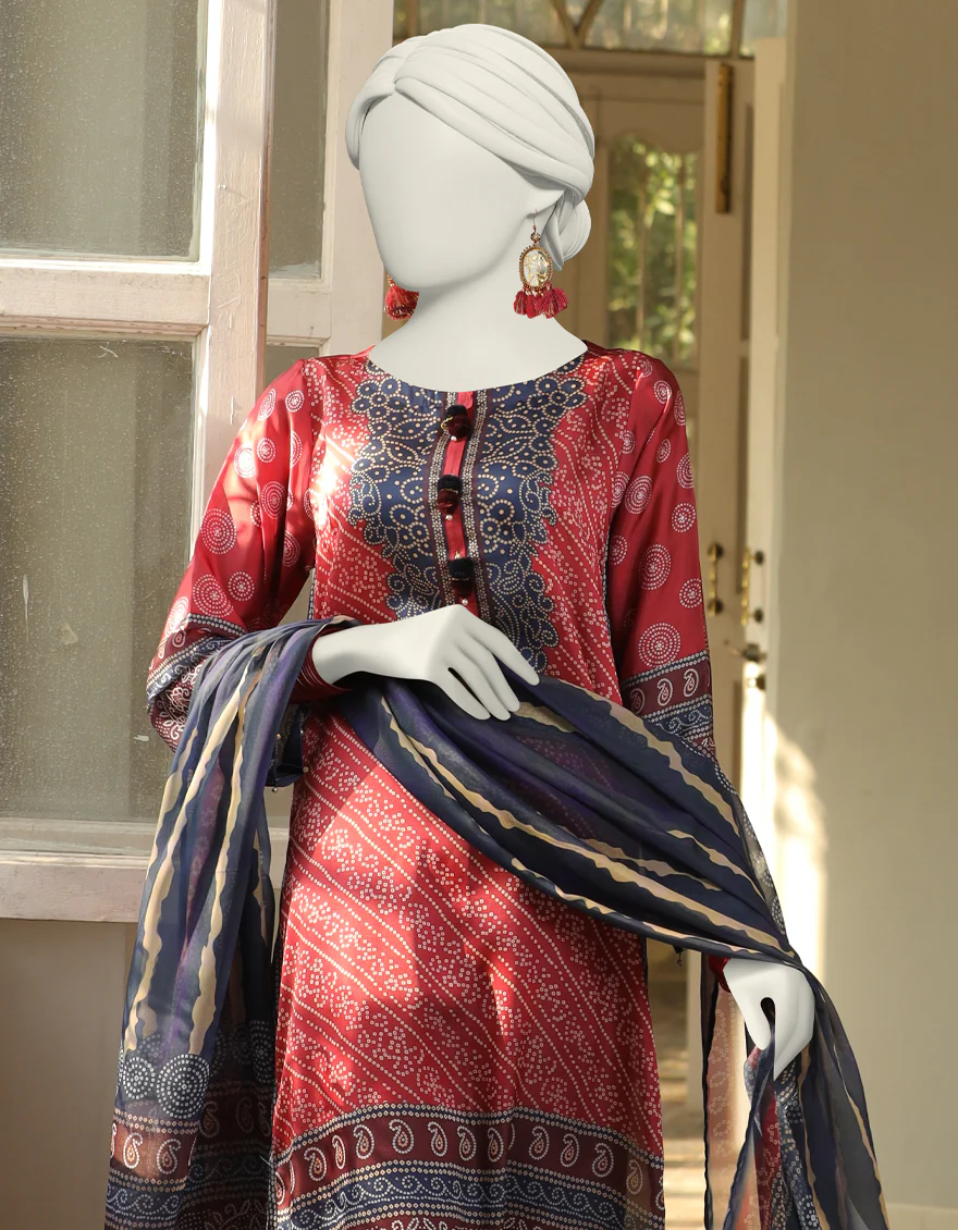 RED IMPURE SILK 3PC STITCHED | JLAWN-S-24-394/S LEH - Image 2