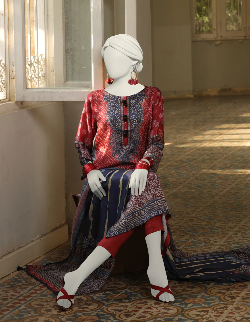 RED IMPURE SILK 3PC STITCHED | JLAWN-S-24-394/S LEH - Image 3