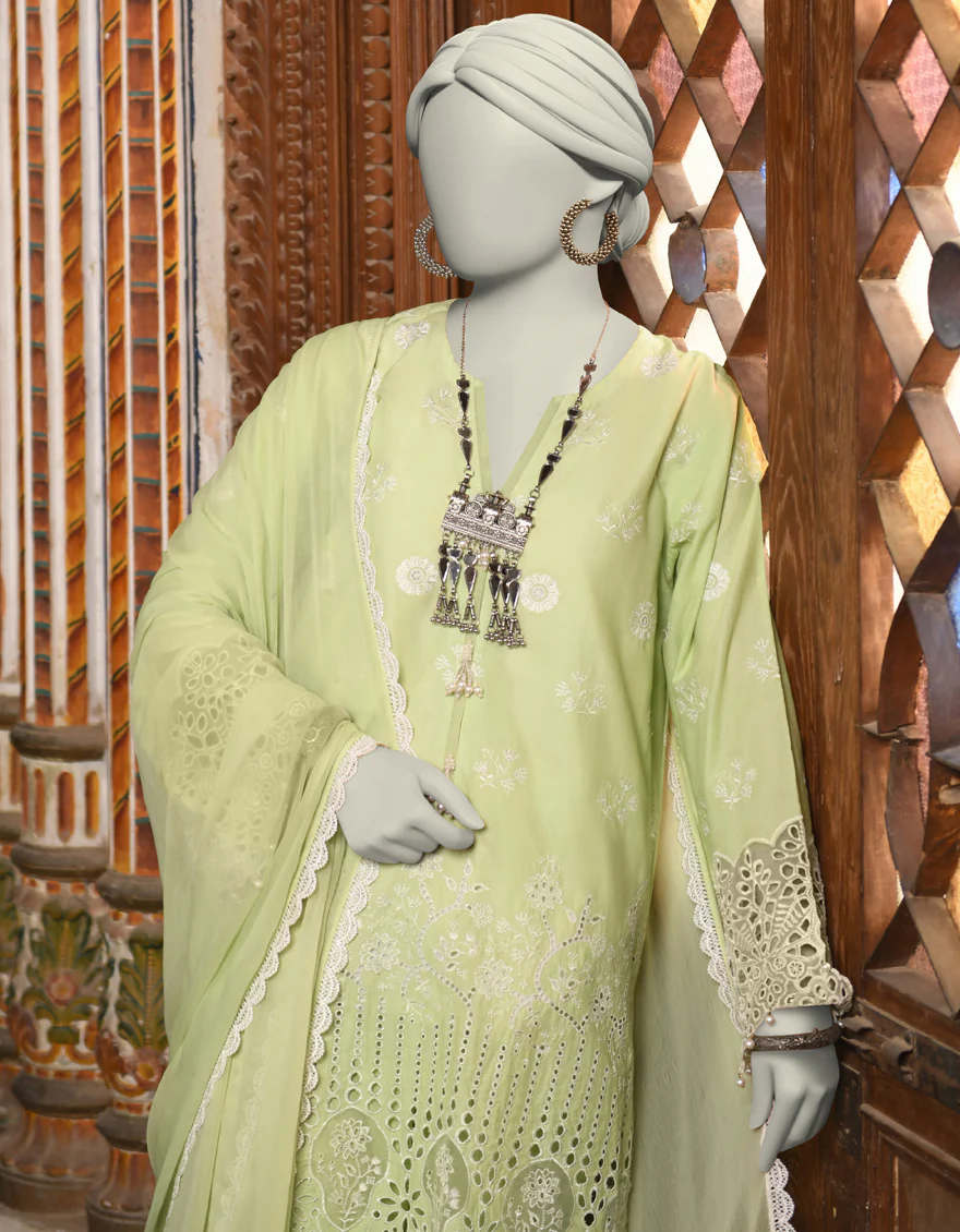 GREEN ORGANZA 3PC STITCHED | JLAWN-S-25-043/S SCHIFFLI-1 - Image 3