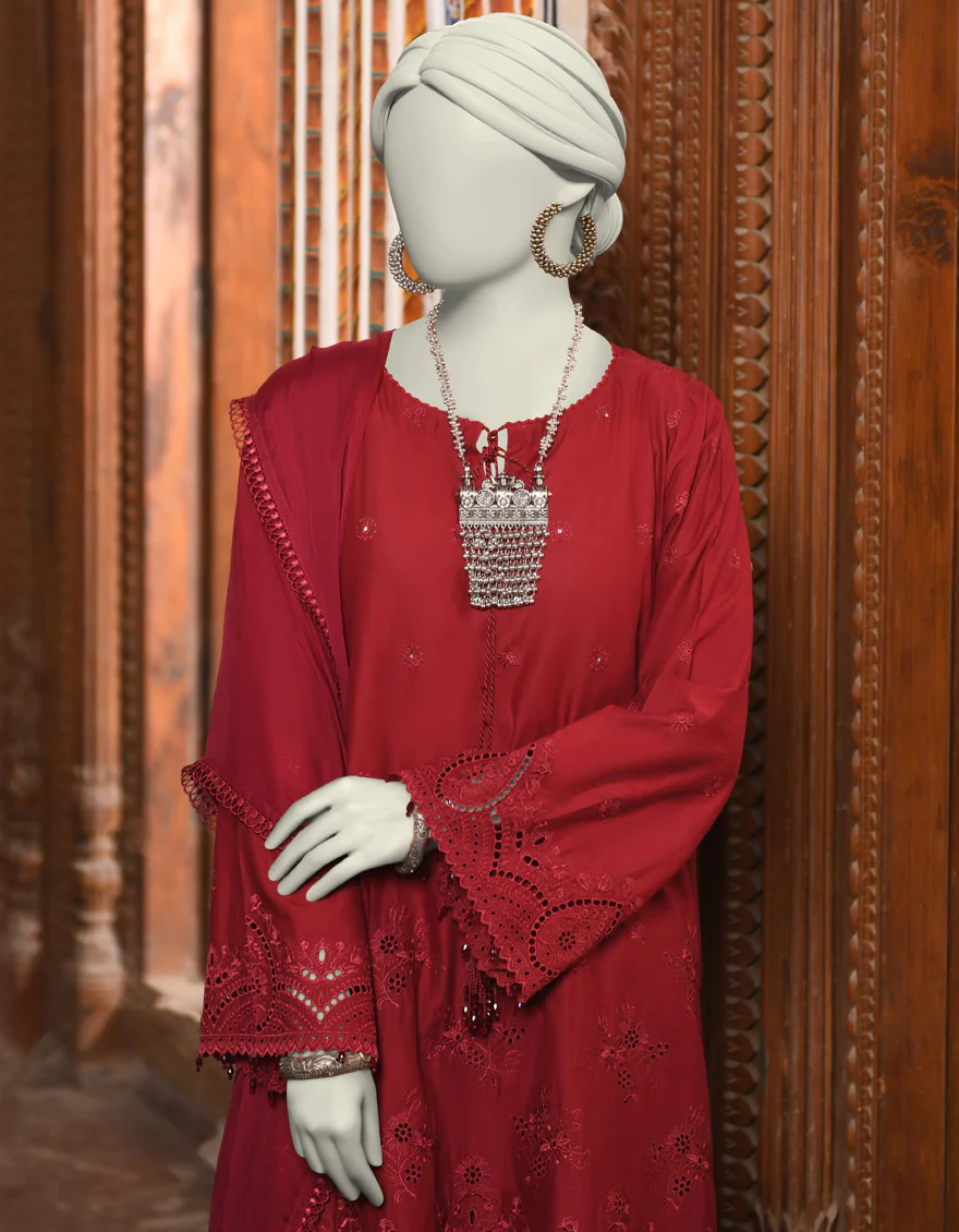 MAROON ORGANZA 3PC STITCHED | JLAWN-S-25-044/S SCHIFFLI-2 - Image 2