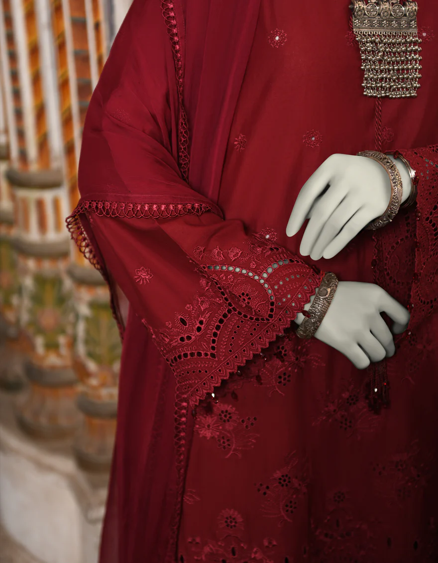MAROON ORGANZA 3PC STITCHED | JLAWN-S-25-044/S SCHIFFLI-2 - Image 3