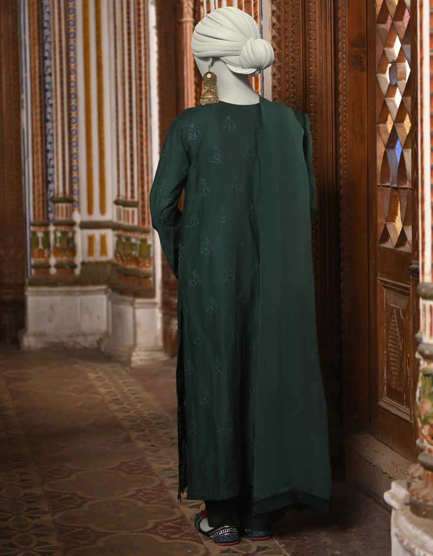 GREEN ORGANZA 3PC STITCHED | JLAWN-S-25-045/S SCHIFFLI-3 - Image 2