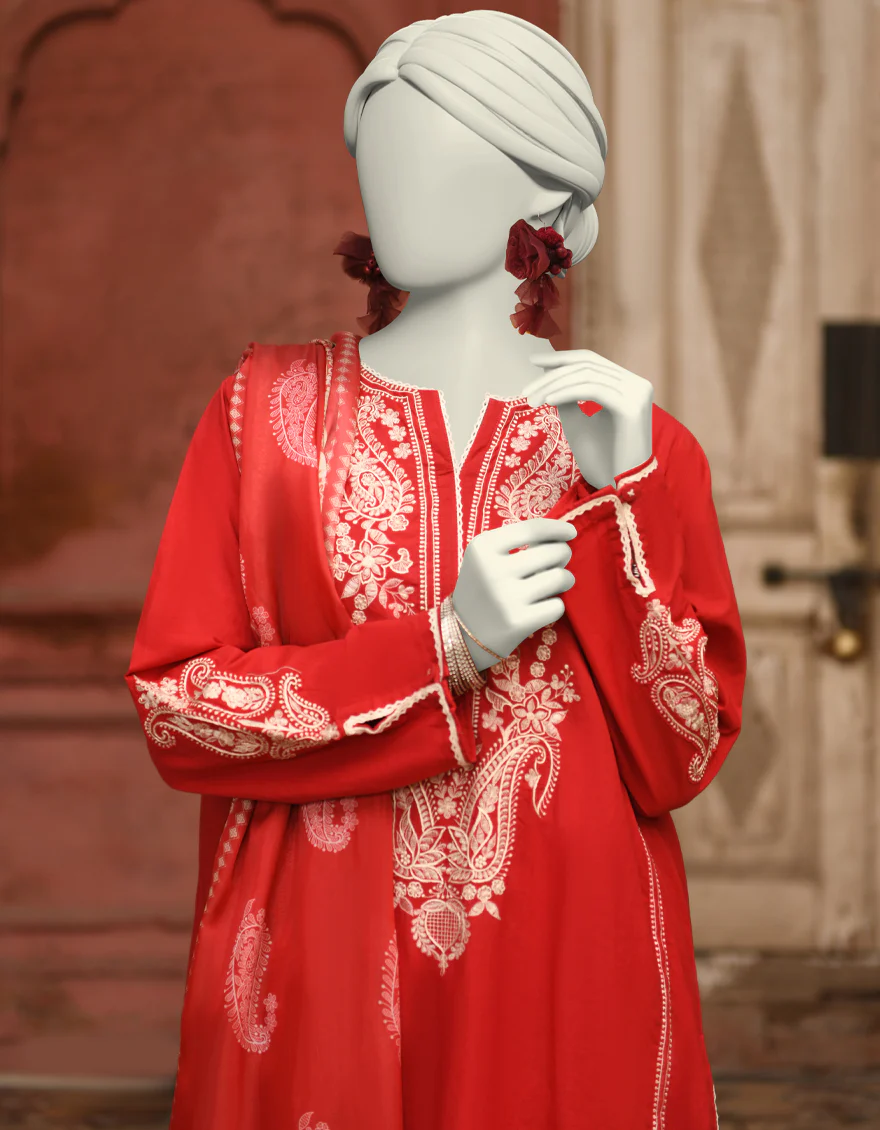 RED LAWN 3PC STITCHED | JLAWN-S-25-062/S CHIKANKARI-02 - Image 2