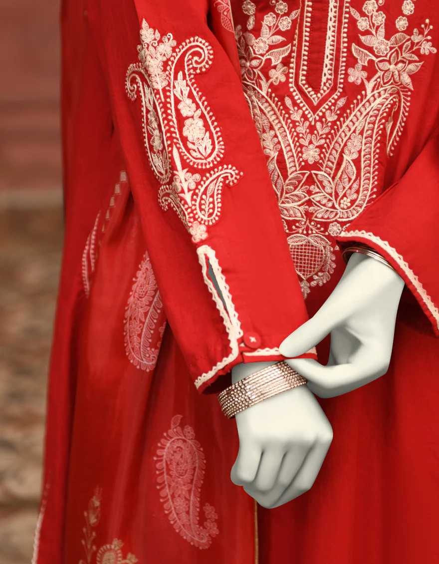 RED LAWN 3PC STITCHED | JLAWN-S-25-062/S CHIKANKARI-02 - Image 3