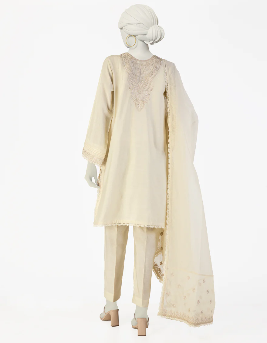 BEIGE COTTON SILK 3PC STITCHED | JLAWN-S-25-090/S GRA - Image 2