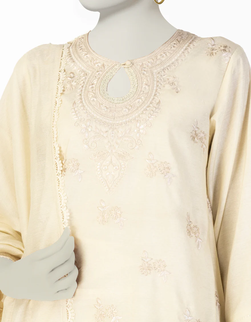BEIGE COTTON SILK 3PC STITCHED | JLAWN-S-25-090/S GRA - Image 3