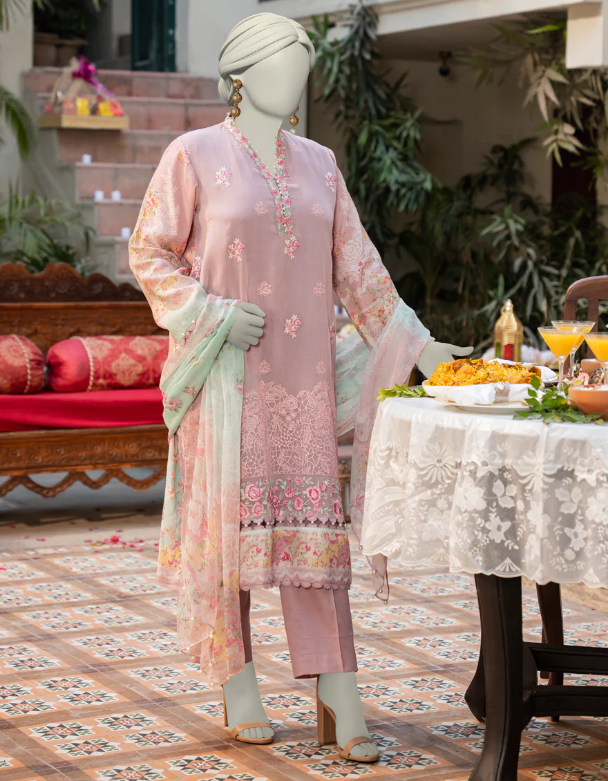 PINK CHIFFON 3PC STITCHED | JLAWN-S-25-153/S PAS