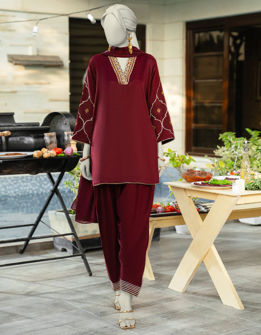 MAROON SILK 3PC STITCHED | JLAWN-S-25-183/S GOT