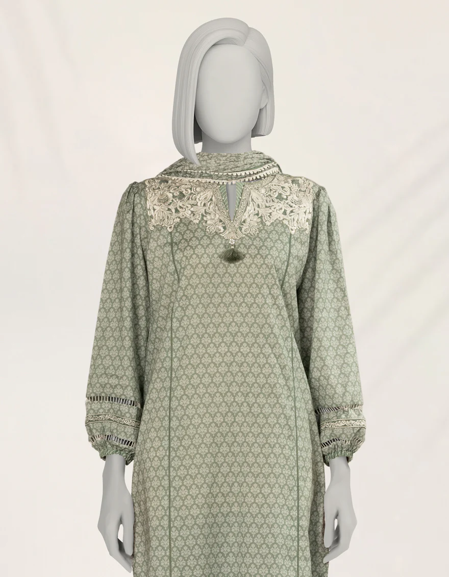 GREEN LIMINAL 3PC STITCHED | JLAWN-S-25-243/S FOLK IMPRESSION-2 - Image 3