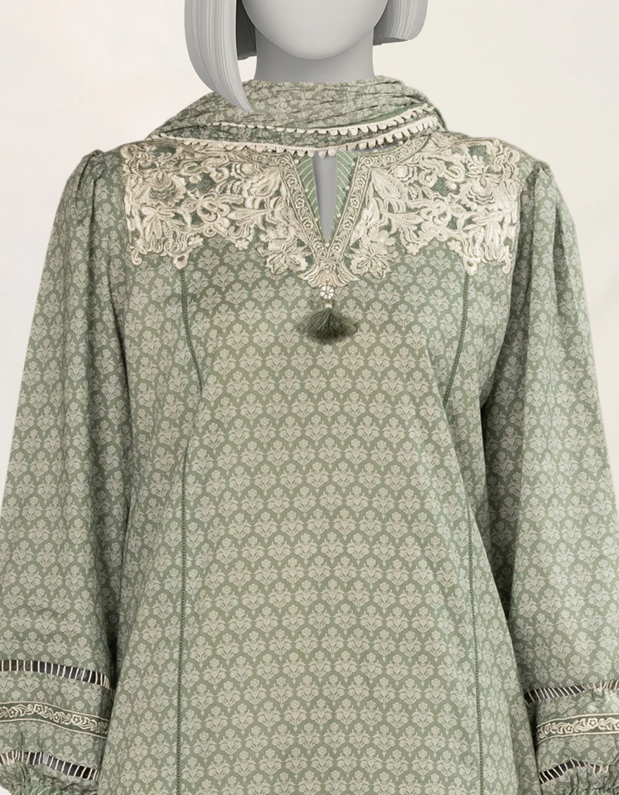GREEN LIMINAL 3PC STITCHED | JLAWN-S-25-243/S FOLK IMPRESSION-2 - Image 4