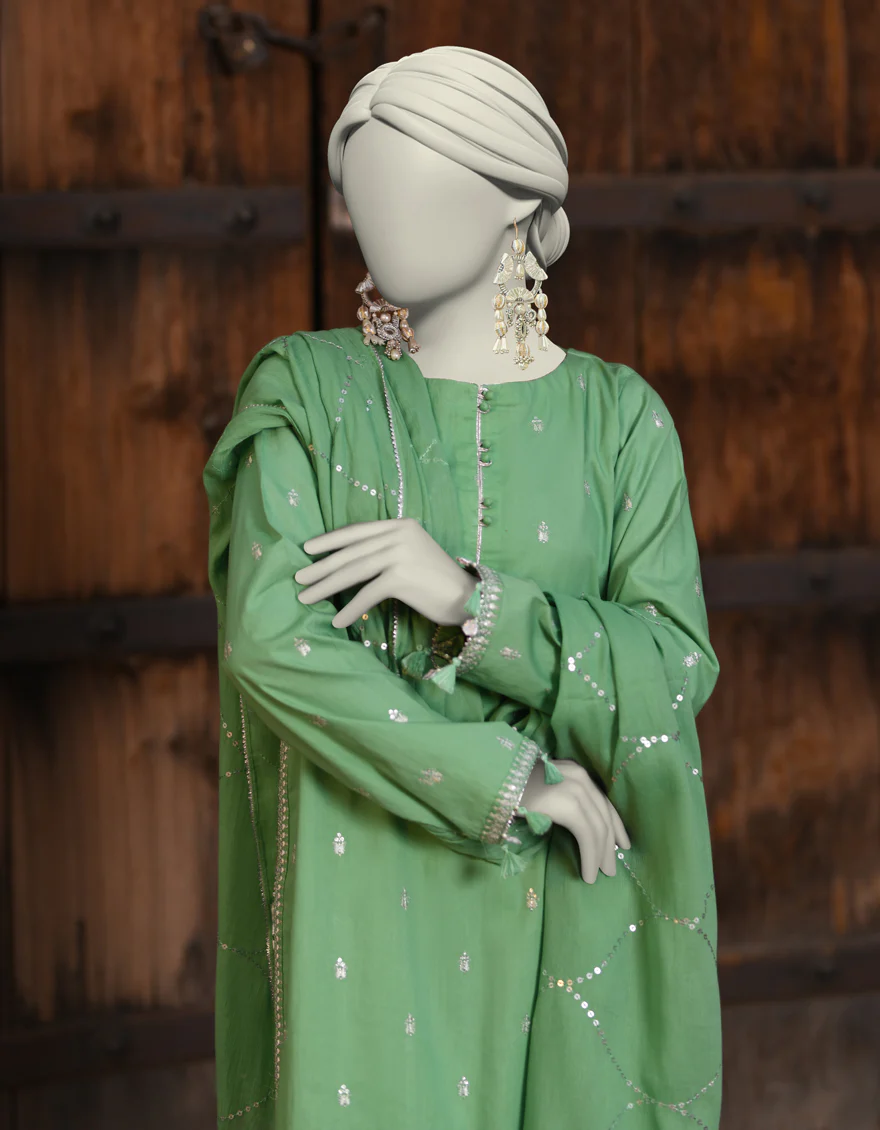 GREEN LAWN 3PC UNSTITCHED | JLAWN-S-25-3171 NEEDLE WORK-3 - Image 2