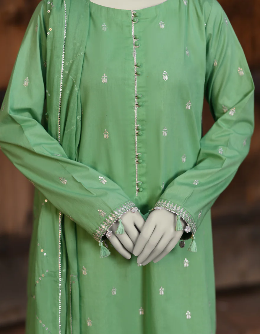 GREEN LAWN 3PC UNSTITCHED | JLAWN-S-25-3171 NEEDLE WORK-3 - Image 3