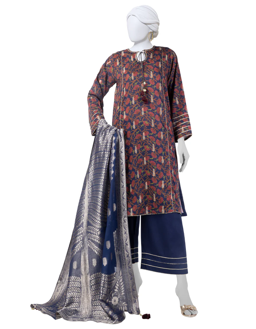 BLUE JACQUARD 3PC UNSTITCHED | JLAWN-S-25-3284 KALAMKARI-4