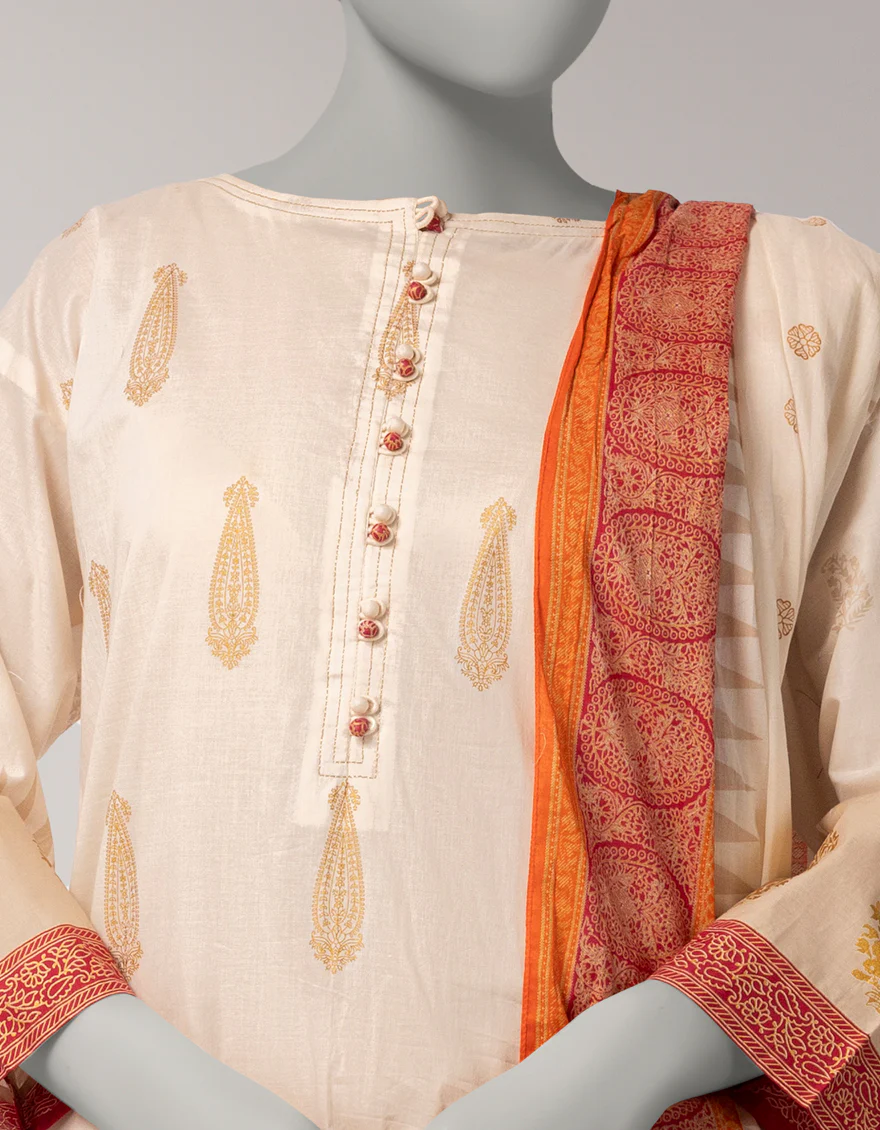 OFF WHITE LAWN 3PC STITCHED | JLAWN-S-26-1091/S GOLD JAMDANI-03 - Image 3
