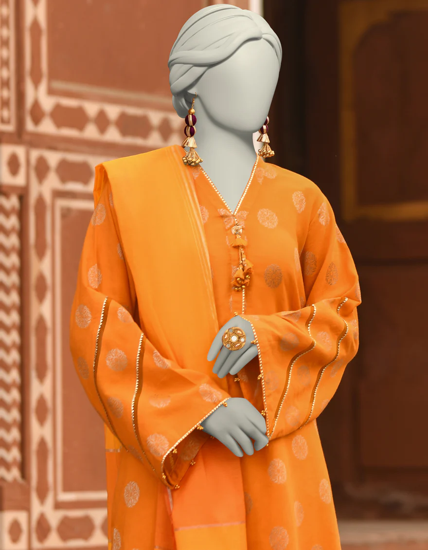 ORANGE JACQUARD 2PC UNSTITCHED | JLAWN-S-JDS-25-1056 COLOR BLOCKING-4 - Image 3