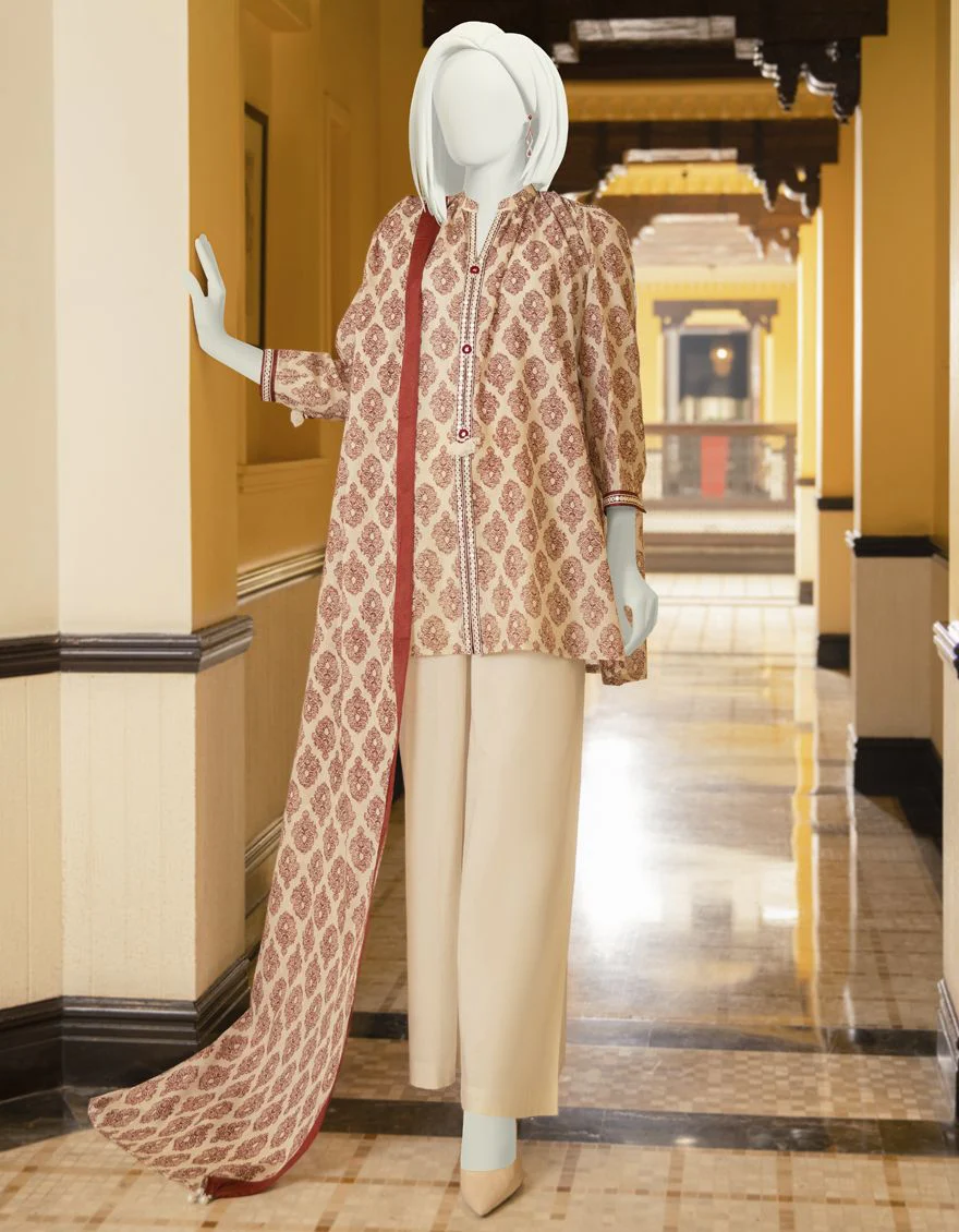 BEIGE-RED LAWN 2PC UNSTITCHED | JLAWN-S-JDS-US-22-1037 OPHIC