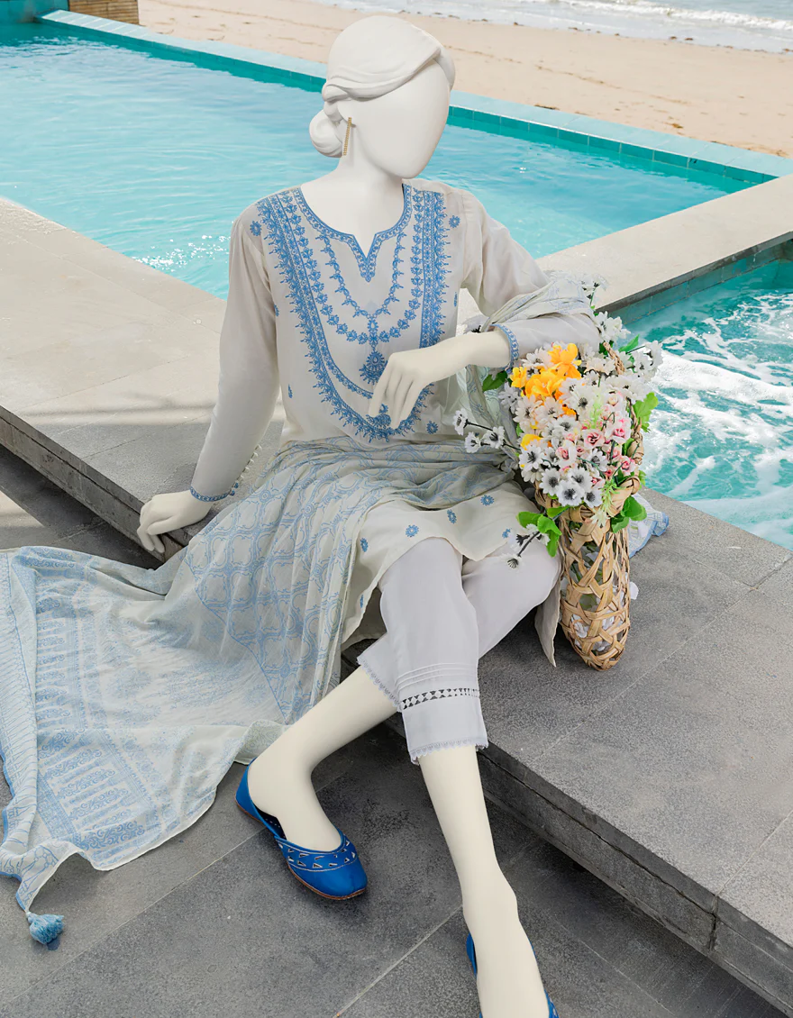 OFF WHITE LAWN 2PC STITCHED | JLAWN-S-JDS-US-23-1081/S SKY - Image 2