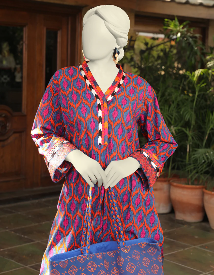 ORANGE-BLUE 2PC STITCHED | JLAWN-S-JST-US-23-1675/S IKKAT-3 - Image 3