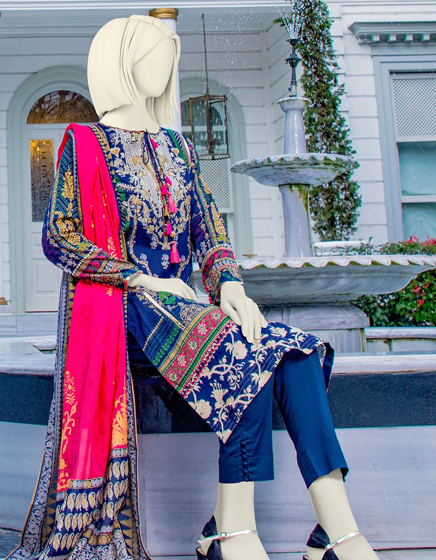 NAVY BLUE LAWN 3PC UNSTITCHED | JLAWN-S-US-21-224 BLACK DUST - Image 2