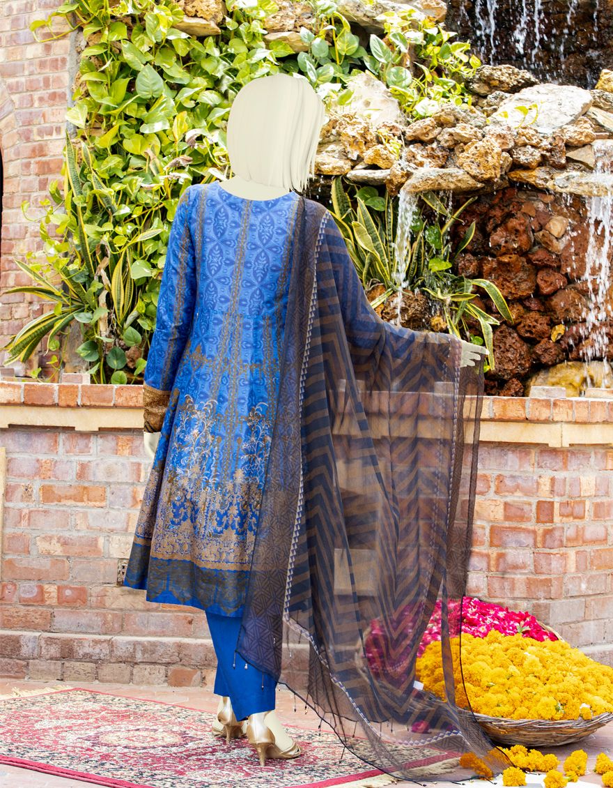 BLUE LAWN 3PC UNSTITCHED | JLAWN-S-US-21-315 BLUE N WHITE - Image 2