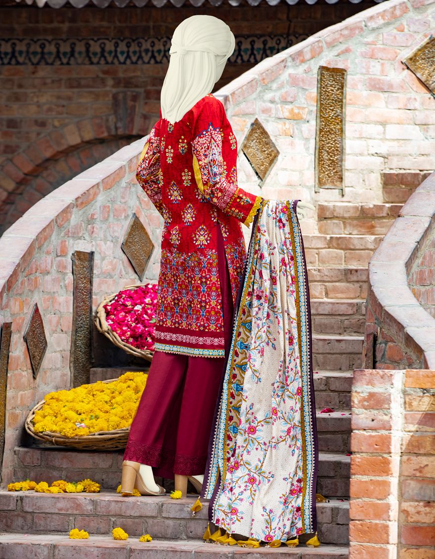 RED LAWN 3PC UNSTITCHED | JLAWN-S-US-21-329 MADALENA - Image 2