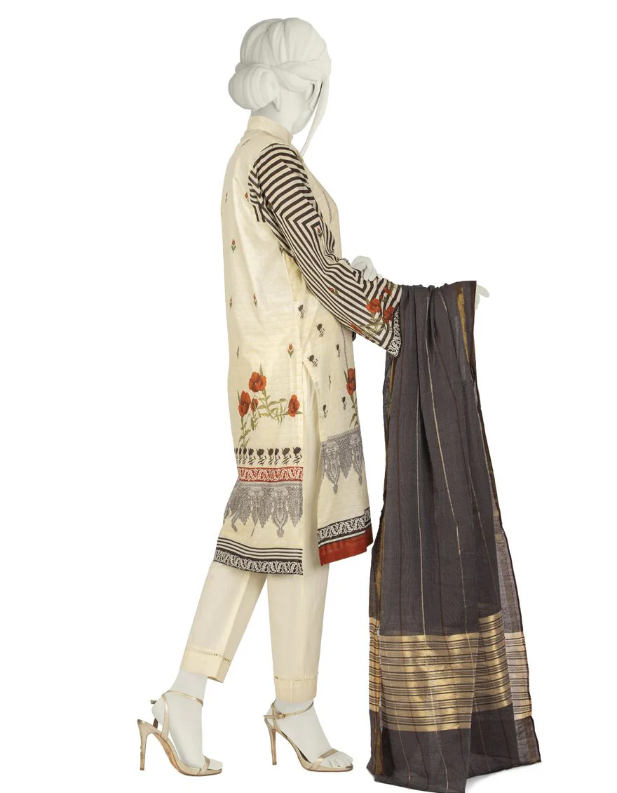 CREAM LAWN 3PC STITCHED | JLAWN-S-US-22-025/S FLORAL GAUGE - Image 2
