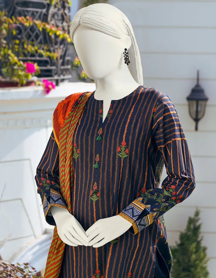 BLACK-ORANGE LAWN 3PC UNSTITCHED | JLAWN-S-US-22-090 EBONY - Image 2