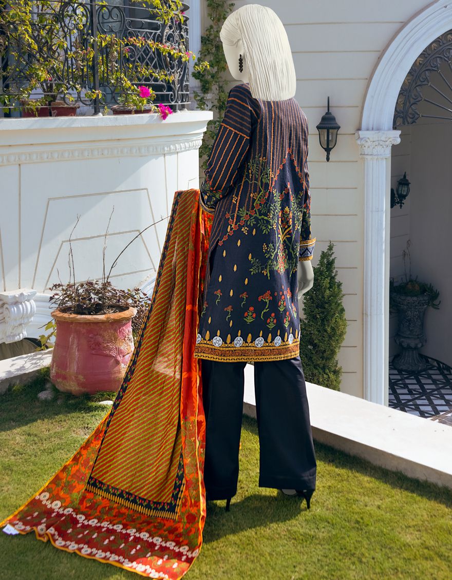 BLACK-ORANGE LAWN 3PC UNSTITCHED | JLAWN-S-US-22-090 EBONY - Image 3