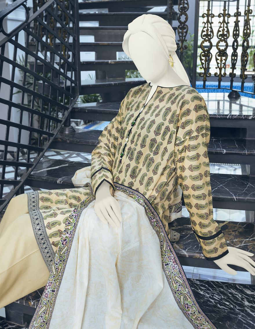 WHITE-YELLOW LAWN 3PC UNSTITCHED | JLAWN-S-US-22-097 NEON PAISLEY - Image 3