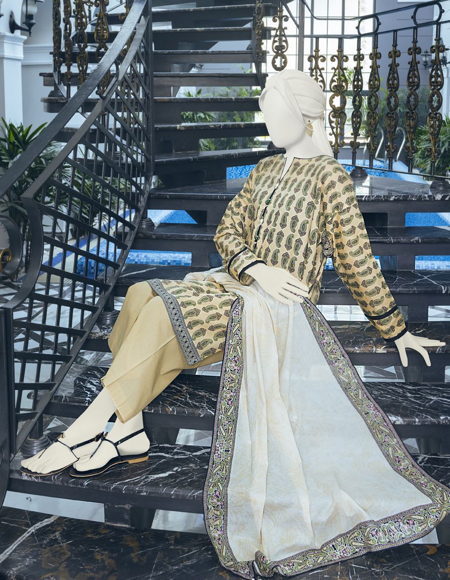WHITE-YELLOW LAWN 3PC UNSTITCHED | JLAWN-S-US-22-097 NEON PAISLEY - Image 4