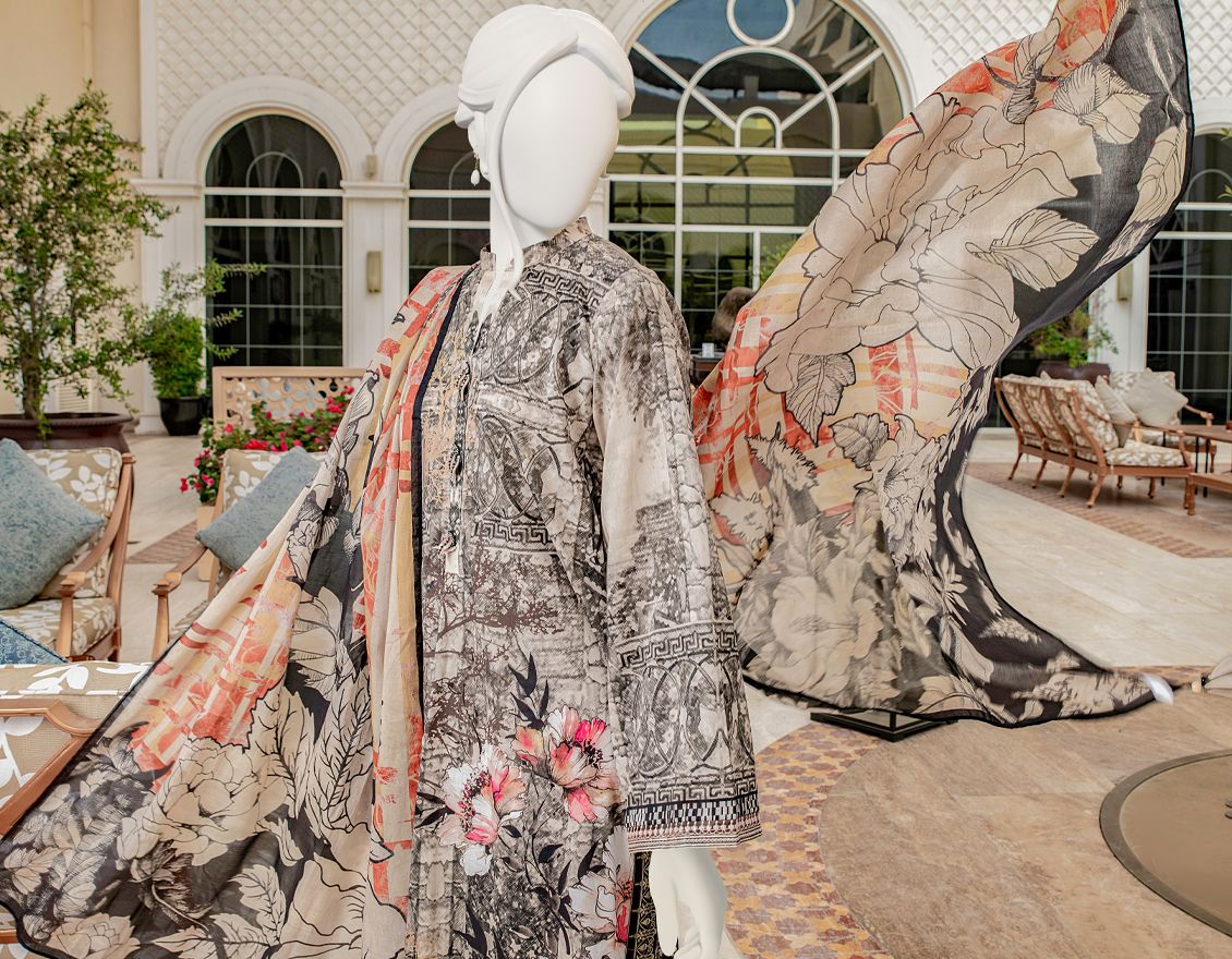 BLACK-BEIGE LAWN 3PC UNSTITCHED | JLAWN-S-US-22-154 SKETCHY - Image 3