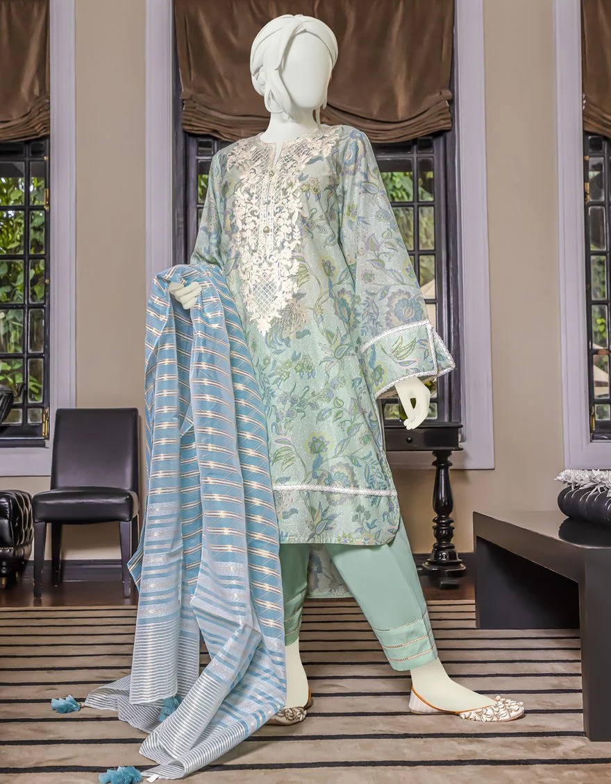 SEA GREEN LAWN 3PC UNSTITCHED | JLAWN-S-US-22-189 HOTARU