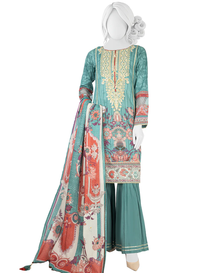 SEA GREEN LAWN 3PC UNSTITCHED | JLAWN-S-US-22-285 FLORAL JEWEL