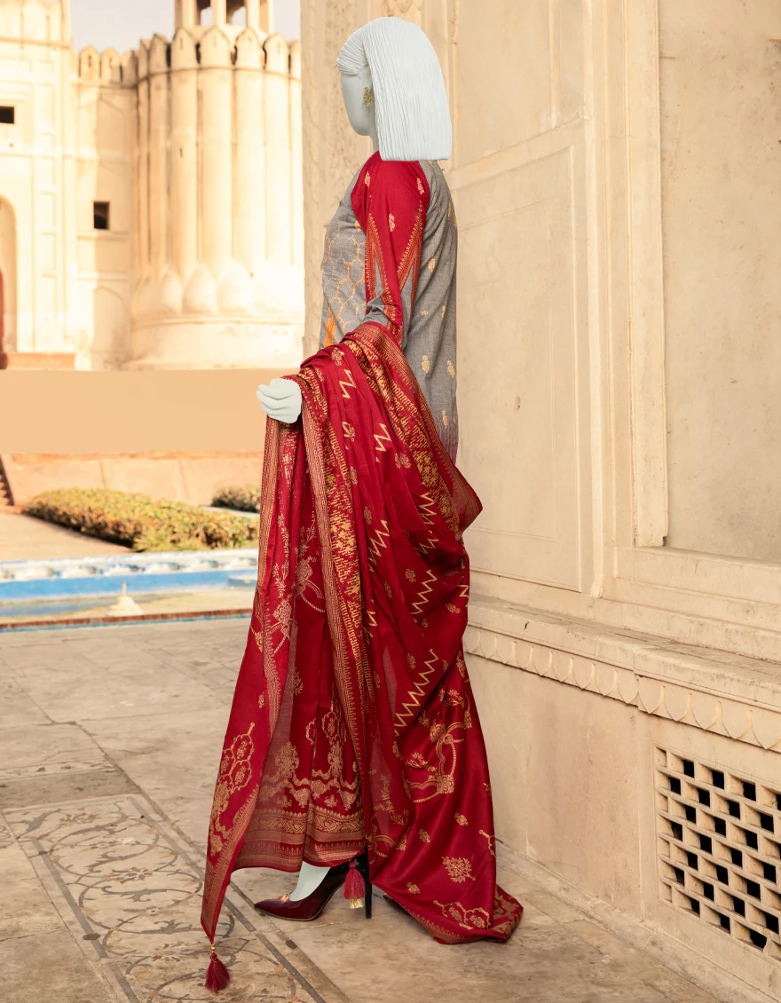 GREY-MAROON LAWN 3PC UNSTITCHED | JLAWN-S-US-22-328 TALAI TEERA (22-2020) - Image 2