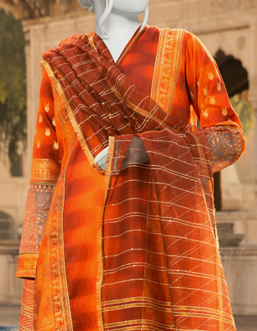 ORANGE-RUST LAWN 3PC UNSTITCHED | JLAWN-S-US-22-341 DESIGNO - Image 2