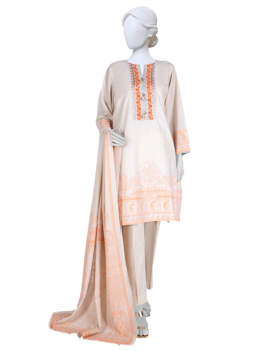 BEIGE LAWN 3PC STITCHED | JLAWN-S-US-23-060/S NARANJADO