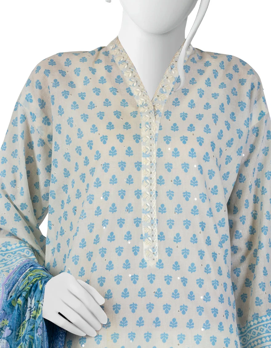 WHITE & BLUE LAWN 3PC STITCHED | JLAWN-S-US-23-197/S UWAYAM - Image 3