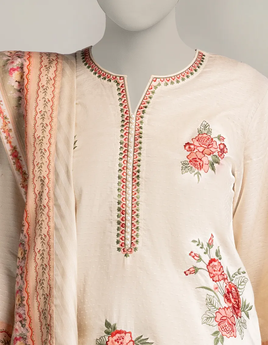 BEIGE DOBBY 3PC STITCHED | JLAWN-W-25-318/S VINTAGE FLORAL-02 - Image 3