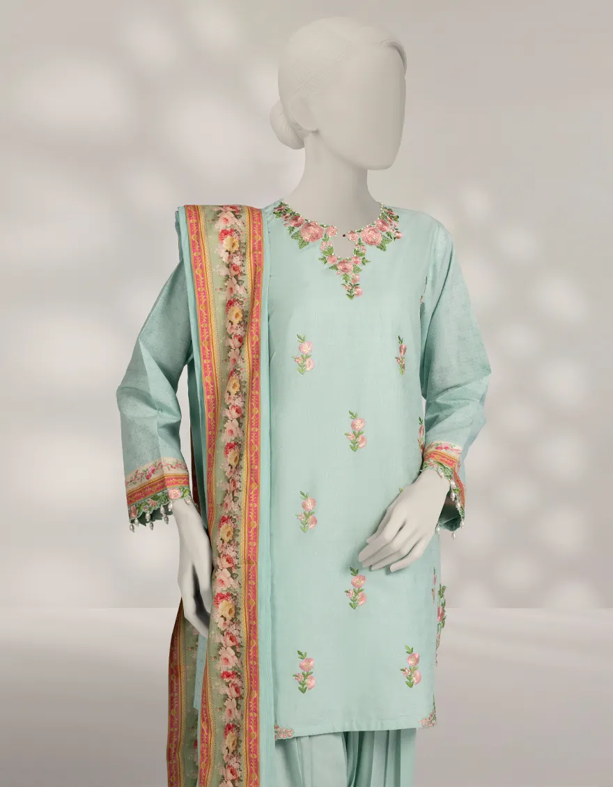 GREEN DOBBY 3PC STITCHED | JLAWN-W-25-319/S VINTAGE FLORAL-03 - Image 2