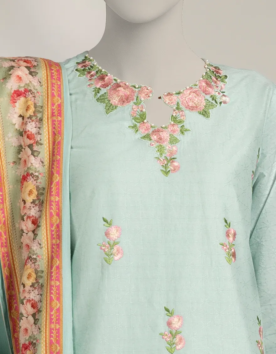 GREEN DOBBY 3PC STITCHED | JLAWN-W-25-319/S VINTAGE FLORAL-03 - Image 4